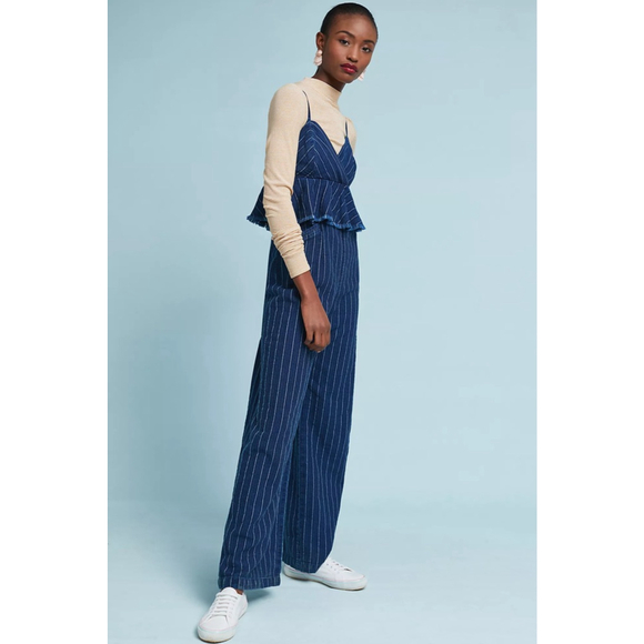 Anthropologie ett:twa Striped Peplum Jumpsuit Medium Wide Leg Blue - Picture 9 of 9